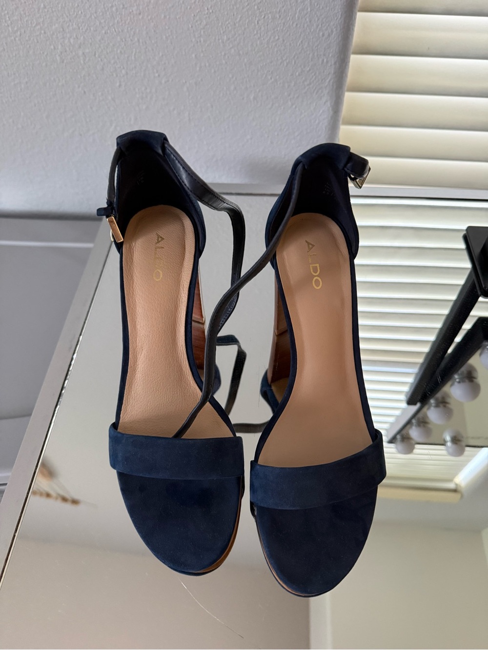 Aldo Navy Suede Open-Toe Ankle Strap Heels